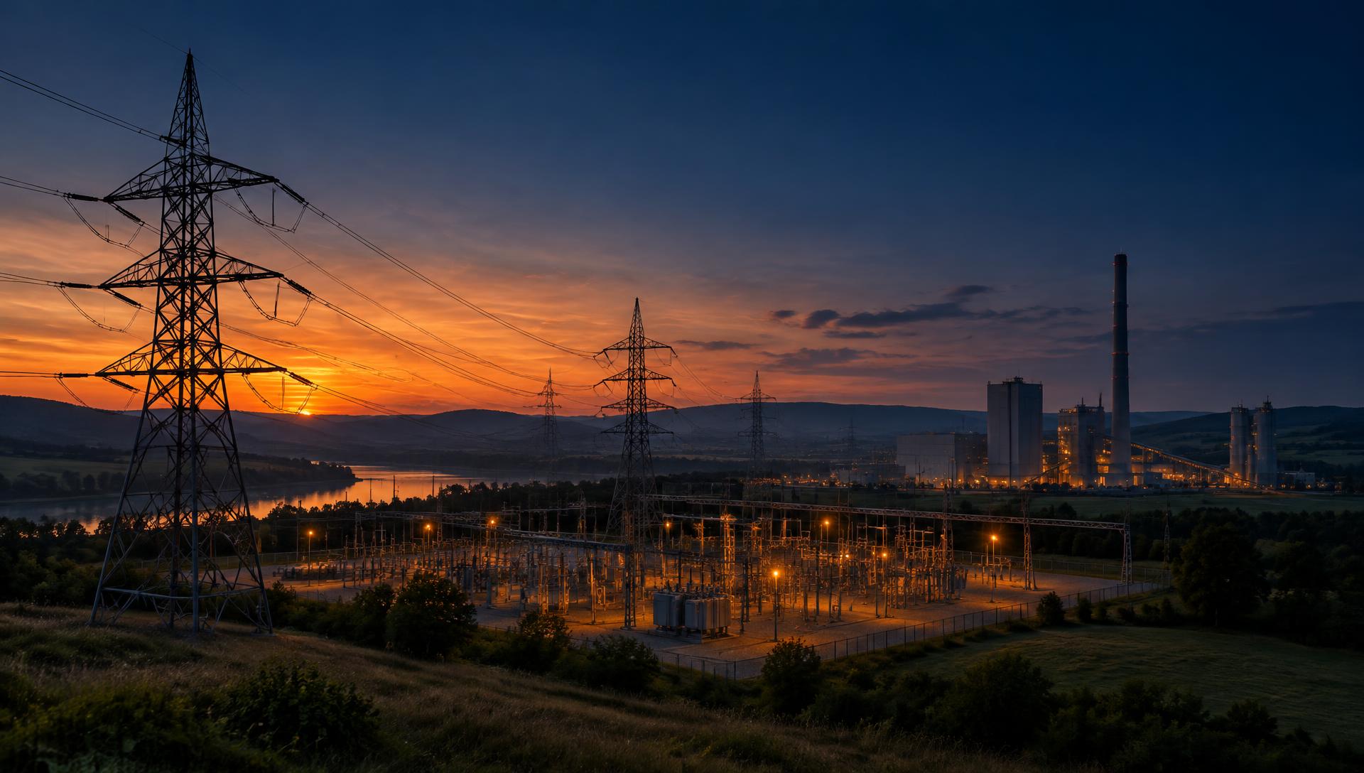 Substation and power lines at dusk